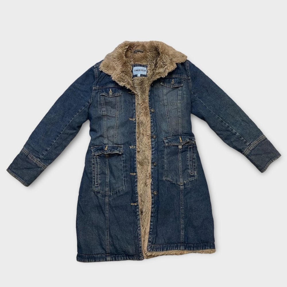 Charles Klein Vintage Denim Faux Fur Trench Coat